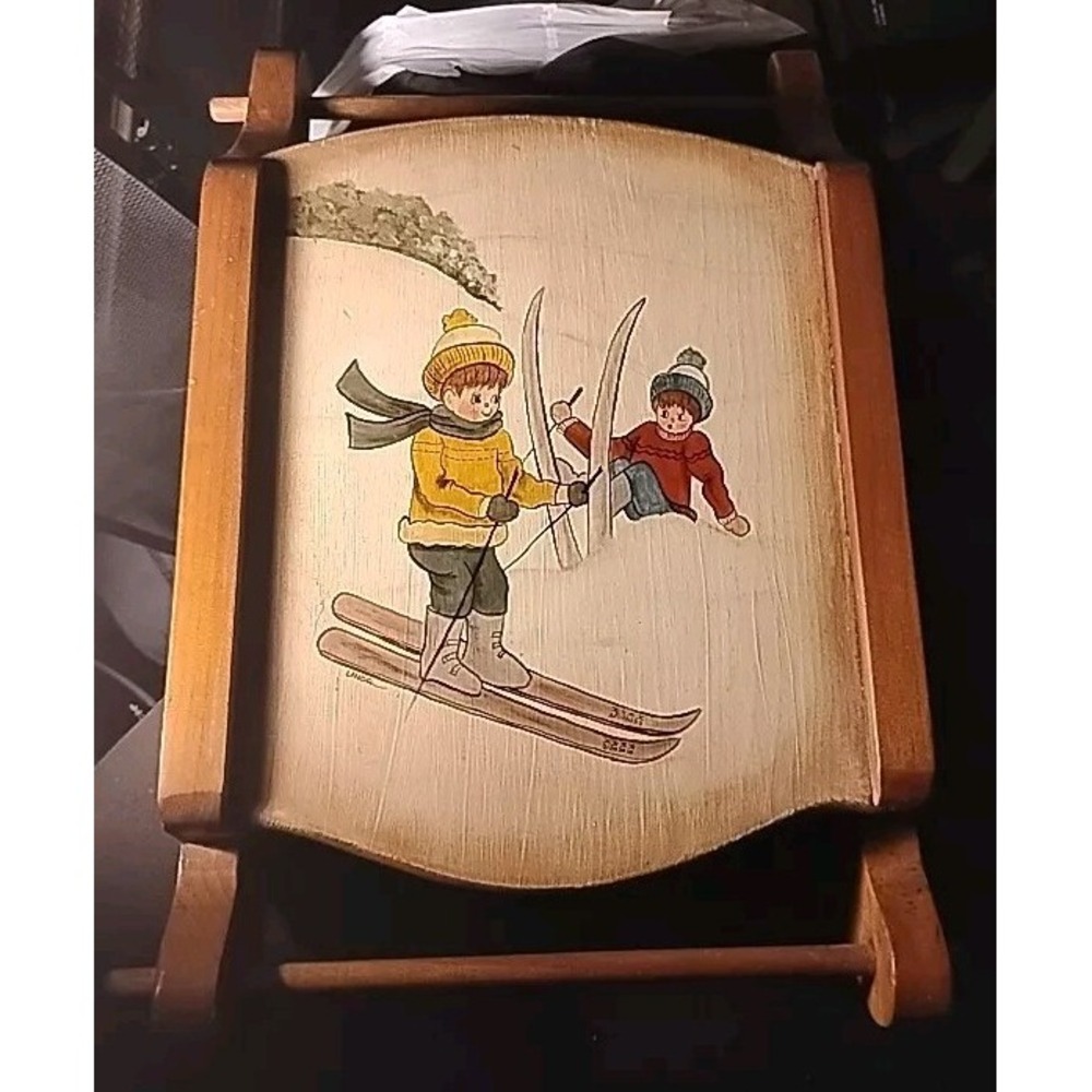 Vintage Wooden Sled Decor Skiers Toll-like Hand‎ Painted Children art Ski Lodge